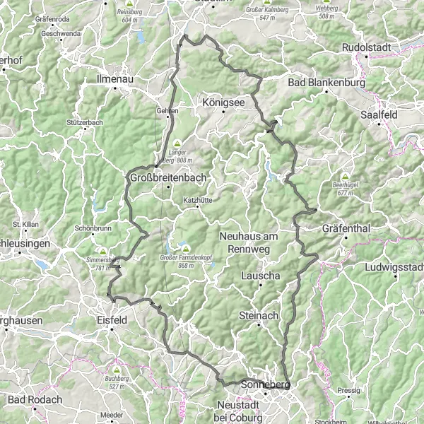 Map miniature of "The Mountain Challenge" cycling inspiration in Thüringen, Germany. Generated by Tarmacs.app cycling route planner