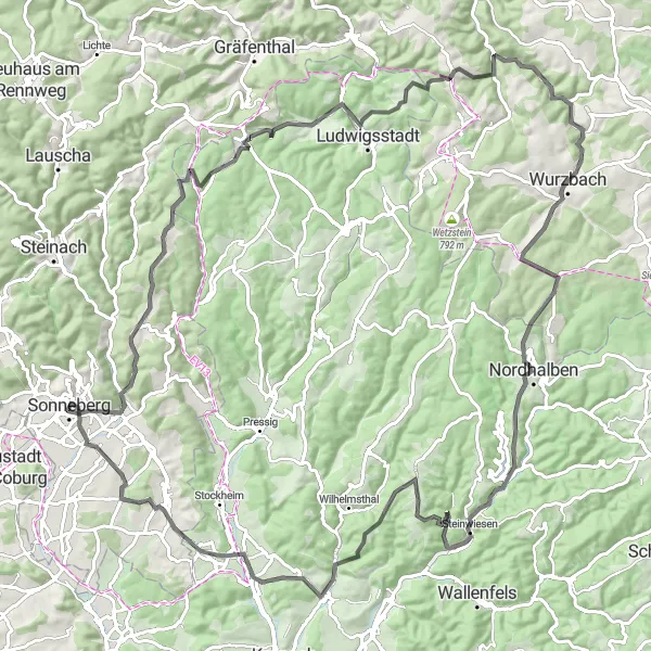 Karten-Miniaturansicht der Radinspiration "Herausfordernde Anstiege und malerische Landschaften" in Thüringen, Germany. Erstellt vom Tarmacs.app-Routenplaner für Radtouren