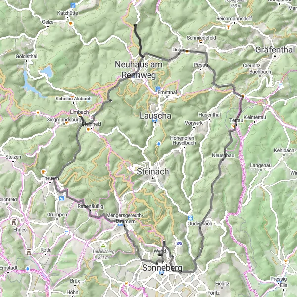 Karten-Miniaturansicht der Radinspiration "Sonneberg und Umgebung erkunden" in Thüringen, Germany. Erstellt vom Tarmacs.app-Routenplaner für Radtouren