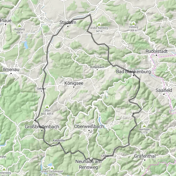 Map miniature of "Thüringer Bergland Loop" cycling inspiration in Thüringen, Germany. Generated by Tarmacs.app cycling route planner