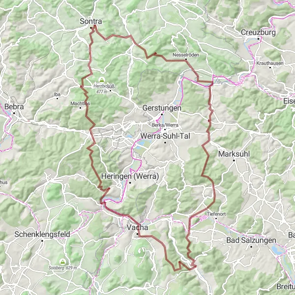 Karten-Miniaturansicht der Radinspiration "Die Werratal-Runde" in Thüringen, Germany. Erstellt vom Tarmacs.app-Routenplaner für Radtouren