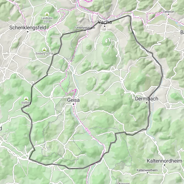 Map miniature of "Werra Valley Loop" cycling inspiration in Thüringen, Germany. Generated by Tarmacs.app cycling route planner