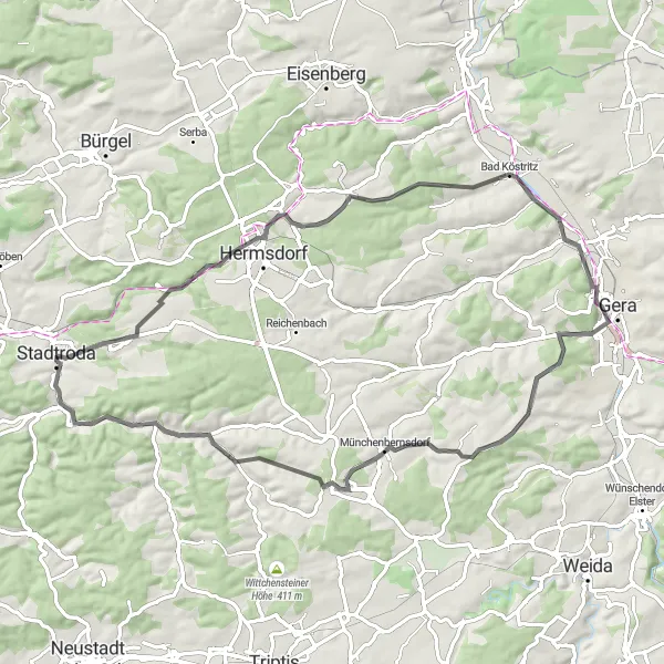 Karten-Miniaturansicht der Radinspiration "Stadtroda und die umliegende Landschaft erkunden" in Thüringen, Germany. Erstellt vom Tarmacs.app-Routenplaner für Radtouren