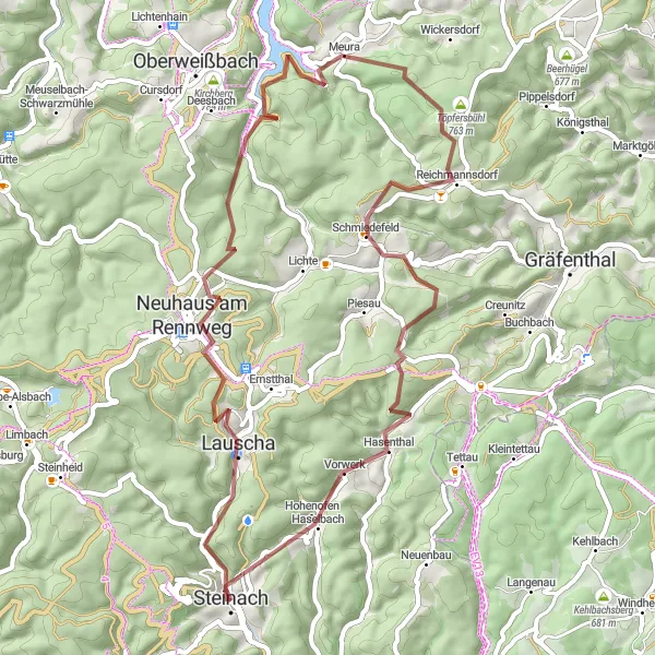 Map miniature of "Scenic Gravel Cycling Route near Steinach" cycling inspiration in Thüringen, Germany. Generated by Tarmacs.app cycling route planner