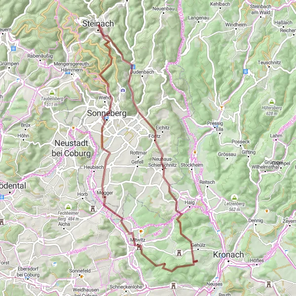 Map miniature of "Adventure Gravel Ride through Sonneberg" cycling inspiration in Thüringen, Germany. Generated by Tarmacs.app cycling route planner