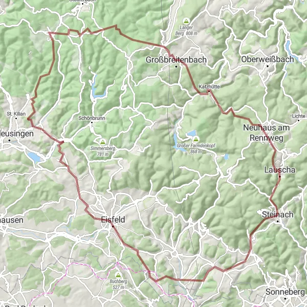 Karten-Miniaturansicht der Radinspiration "Gravel-Tour um Mengersgereuth-Hämmern und Schmiedefeld am Rennsteig" in Thüringen, Germany. Erstellt vom Tarmacs.app-Routenplaner für Radtouren