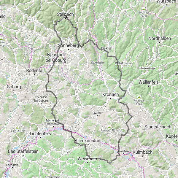 Karten-Miniaturansicht der Radinspiration "Tour durch Pressiger Berg" in Thüringen, Germany. Erstellt vom Tarmacs.app-Routenplaner für Radtouren