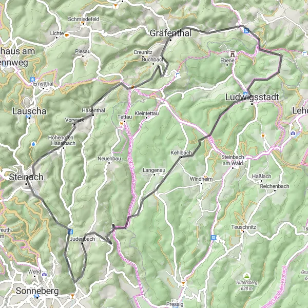 Map miniature of "Scenic Road Cycling Tour to Ludwigsstadt" cycling inspiration in Thüringen, Germany. Generated by Tarmacs.app cycling route planner