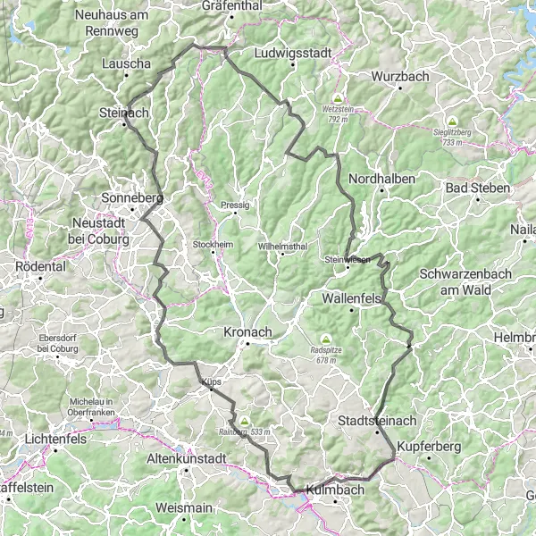 Karten-Miniaturansicht der Radinspiration "Road-Tour ab Steinach" in Thüringen, Germany. Erstellt vom Tarmacs.app-Routenplaner für Radtouren