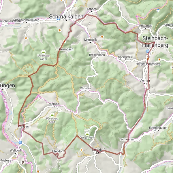 Map miniature of "Steinbacher Berg and Utendorf Gravel Route" cycling inspiration in Thüringen, Germany. Generated by Tarmacs.app cycling route planner