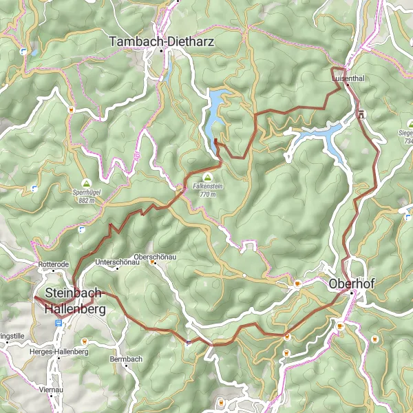 Map miniature of "Falkenstein and Knüllfeld Gravel Experience" cycling inspiration in Thüringen, Germany. Generated by Tarmacs.app cycling route planner
