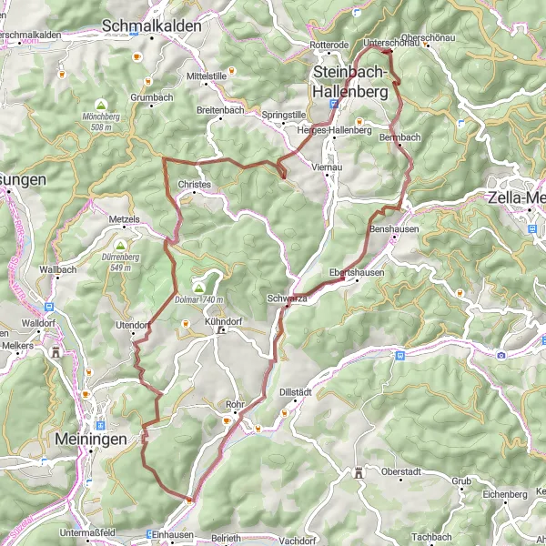 Karten-Miniaturansicht der Radinspiration "Gravel-Abenteuer um Steinbach-Hallenberg" in Thüringen, Germany. Erstellt vom Tarmacs.app-Routenplaner für Radtouren