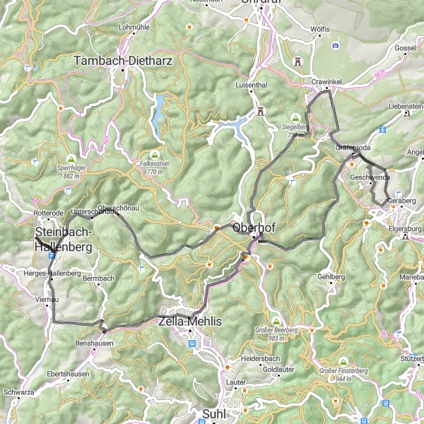 Map miniature of "Gräfenroda and Bärenstein Road Escape" cycling inspiration in Thüringen, Germany. Generated by Tarmacs.app cycling route planner