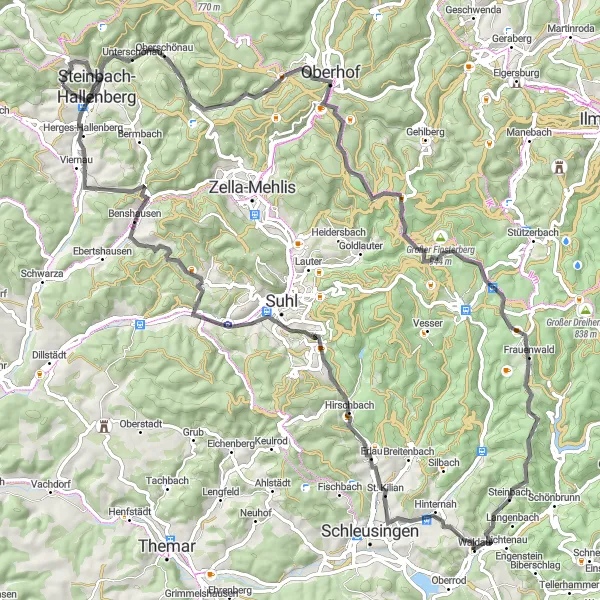 Karten-Miniaturansicht der Radinspiration "Historische Rundfahrt um Steinbach-Hallenberg" in Thüringen, Germany. Erstellt vom Tarmacs.app-Routenplaner für Radtouren