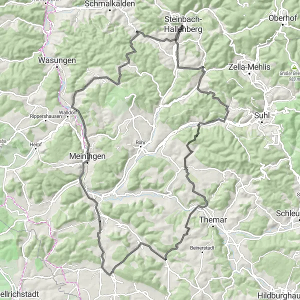 Map miniature of "Herges-Hallenberg and Rangenberg Road Tour" cycling inspiration in Thüringen, Germany. Generated by Tarmacs.app cycling route planner