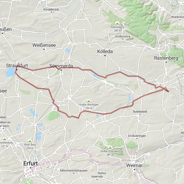 Karten-Miniaturansicht der Radinspiration "Guthmannshausen und Vehra per Rad entdecken" in Thüringen, Germany. Erstellt vom Tarmacs.app-Routenplaner für Radtouren