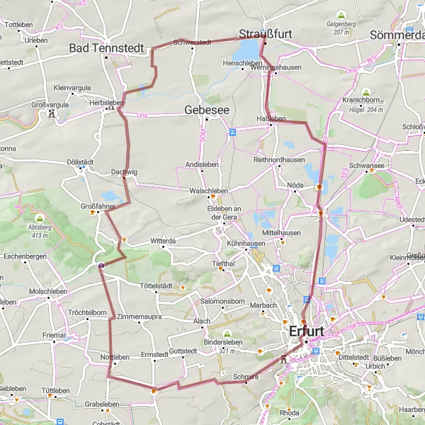 Karten-Miniaturansicht der Radinspiration "Gravelabenteuer rund um Erfurt" in Thüringen, Germany. Erstellt vom Tarmacs.app-Routenplaner für Radtouren