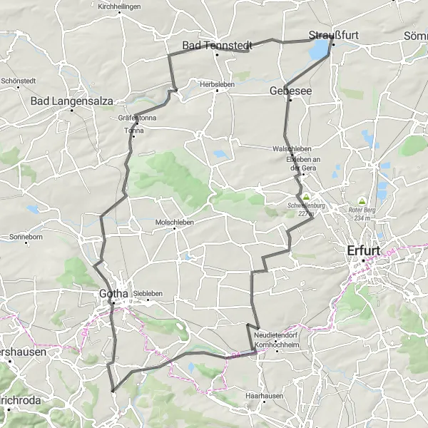 Map miniature of "Straußfurt to Bad Tennstedt" cycling inspiration in Thüringen, Germany. Generated by Tarmacs.app cycling route planner