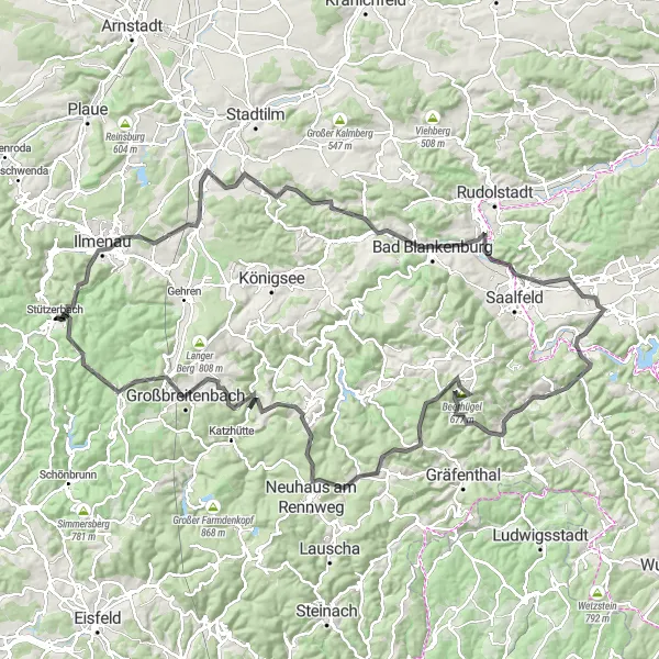 Map miniature of "Exploring the Hills and Valleys" cycling inspiration in Thüringen, Germany. Generated by Tarmacs.app cycling route planner