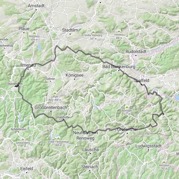 Map miniature of "Thuringian Hills Road Ride" cycling inspiration in Thüringen, Germany. Generated by Tarmacs.app cycling route planner