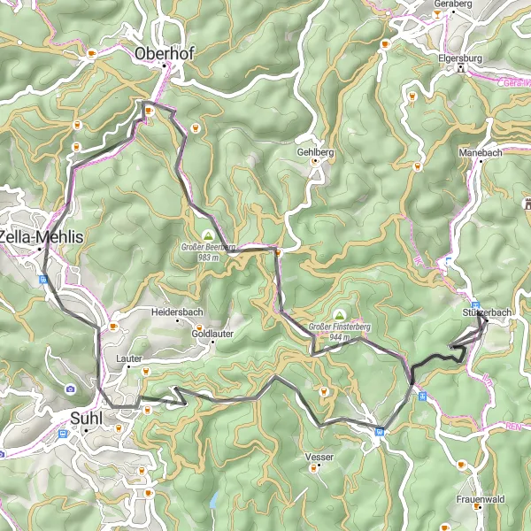 Map miniature of "Rennsteig Loop" cycling inspiration in Thüringen, Germany. Generated by Tarmacs.app cycling route planner