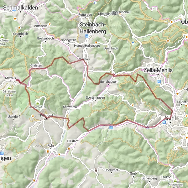 Map miniature of "Dolmar Gravel Adventure" cycling inspiration in Thüringen, Germany. Generated by Tarmacs.app cycling route planner