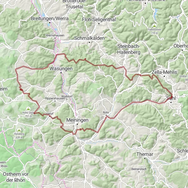 Map miniature of "Suhl Gravel Expedition" cycling inspiration in Thüringen, Germany. Generated by Tarmacs.app cycling route planner