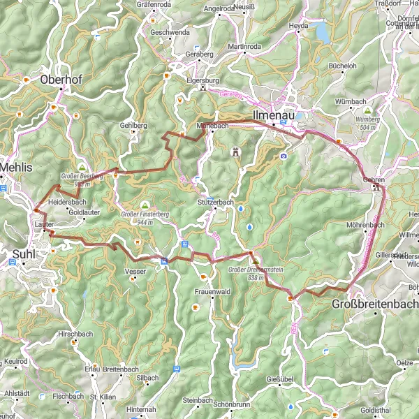 Map miniature of "Suhl Gravel Tour" cycling inspiration in Thüringen, Germany. Generated by Tarmacs.app cycling route planner