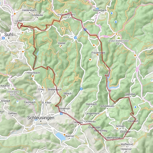 Map miniature of "Suhl Gravel Adventure" cycling inspiration in Thüringen, Germany. Generated by Tarmacs.app cycling route planner