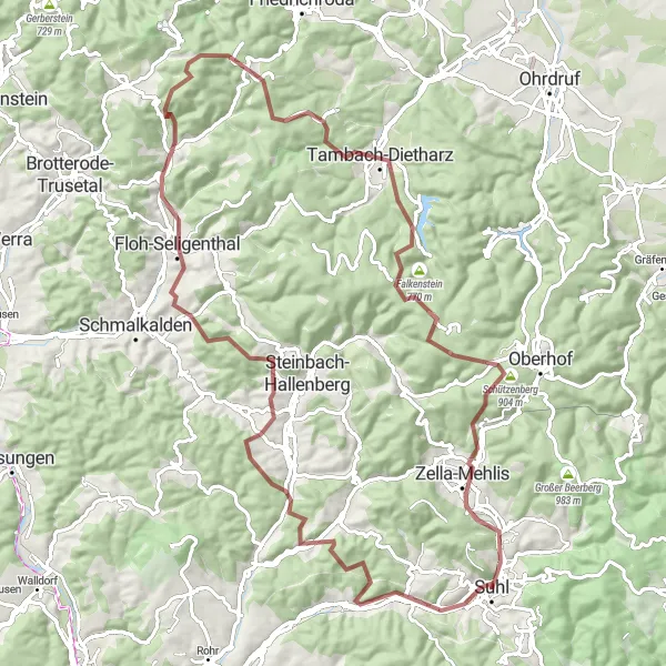 Karten-Miniaturansicht der Radinspiration "Entdeckungstour durch den Thüringer Wald" in Thüringen, Germany. Erstellt vom Tarmacs.app-Routenplaner für Radtouren