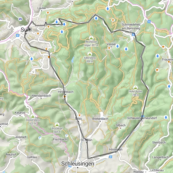 Map miniature of "Suhler Highlights" cycling inspiration in Thüringen, Germany. Generated by Tarmacs.app cycling route planner