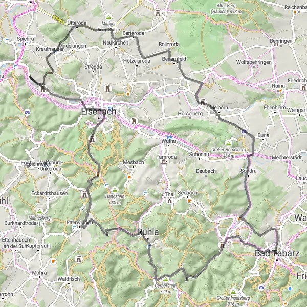 Map miniature of "Klauenberg Loop" cycling inspiration in Thüringen, Germany. Generated by Tarmacs.app cycling route planner