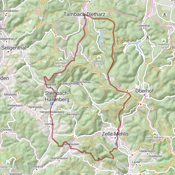 Map miniature of "Exploring the Peaks" cycling inspiration in Thüringen, Germany. Generated by Tarmacs.app cycling route planner