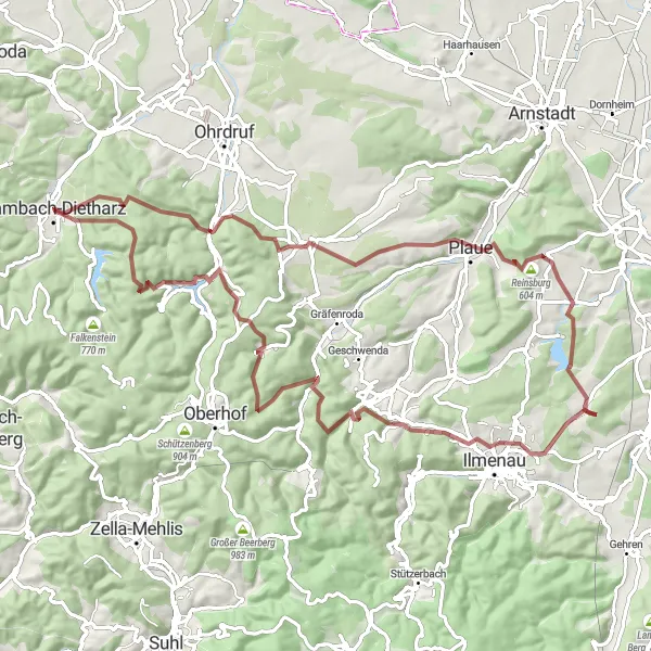 Map miniature of "Challenging Gravel Ride" cycling inspiration in Thüringen, Germany. Generated by Tarmacs.app cycling route planner