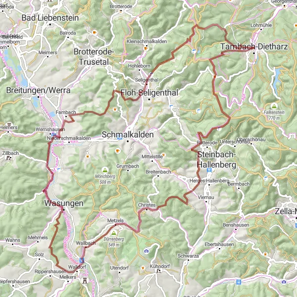 Map miniature of "Scenic Gravel Route" cycling inspiration in Thüringen, Germany. Generated by Tarmacs.app cycling route planner
