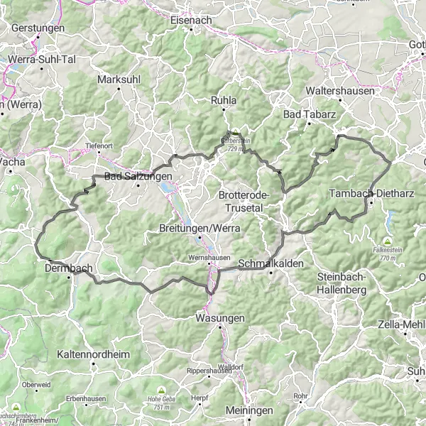 Map miniature of "Thrilling Mountain Challenge" cycling inspiration in Thüringen, Germany. Generated by Tarmacs.app cycling route planner