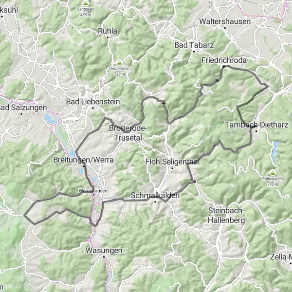 Map miniature of "Roads and Landmarks" cycling inspiration in Thüringen, Germany. Generated by Tarmacs.app cycling route planner