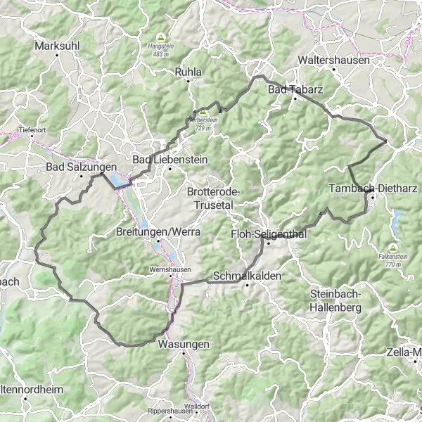 Map miniature of "Panoramic Road Ride" cycling inspiration in Thüringen, Germany. Generated by Tarmacs.app cycling route planner