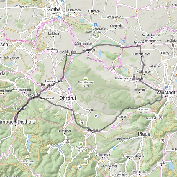 Map miniature of "Tambach-Dietharz Circuit" cycling inspiration in Thüringen, Germany. Generated by Tarmacs.app cycling route planner