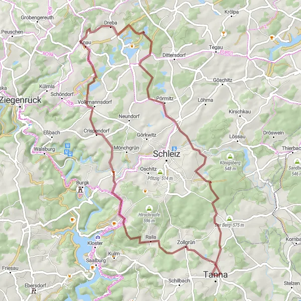 Karten-Miniaturansicht der Radinspiration "Gravel Route um Tanna" in Thüringen, Germany. Erstellt vom Tarmacs.app-Routenplaner für Radtouren