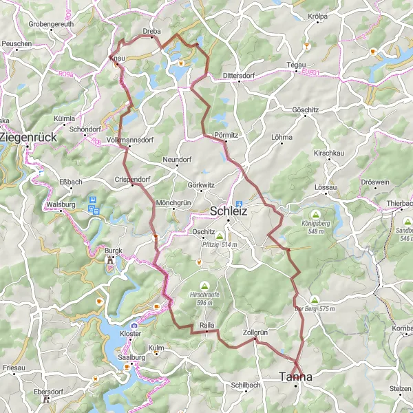 Map miniature of "The Gravel Adventure" cycling inspiration in Thüringen, Germany. Generated by Tarmacs.app cycling route planner