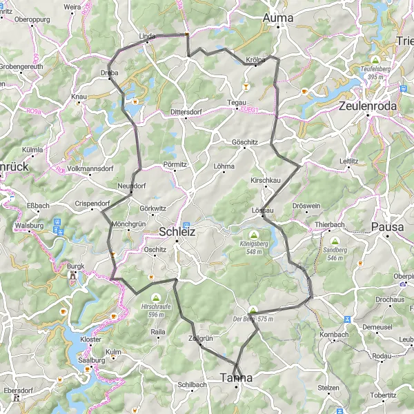 Karten-Miniaturansicht der Radinspiration "Entdeckungstour um Tanna" in Thüringen, Germany. Erstellt vom Tarmacs.app-Routenplaner für Radtouren