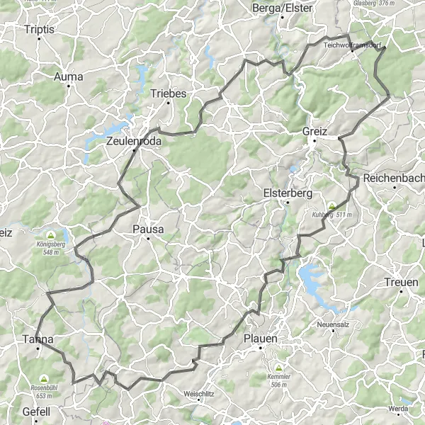 Karten-Miniaturansicht der Radinspiration "Herausfordernde Rundfahrt über Schöne Höhe und Teichwolframsdorf" in Thüringen, Germany. Erstellt vom Tarmacs.app-Routenplaner für Radtouren