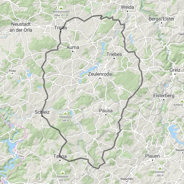 Map miniature of "Thüringen Hill Climbing" cycling inspiration in Thüringen, Germany. Generated by Tarmacs.app cycling route planner