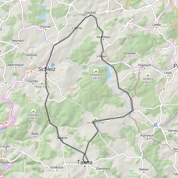 Map miniature of "Tanna and Beyond" cycling inspiration in Thüringen, Germany. Generated by Tarmacs.app cycling route planner