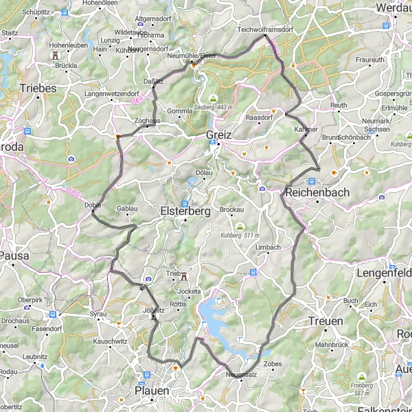 Karten-Miniaturansicht der Radinspiration "Hügelige Straßen um Teichwolframsdorf" in Thüringen, Germany. Erstellt vom Tarmacs.app-Routenplaner für Radtouren