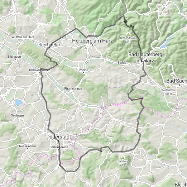 Map miniature of "Teistungen Harz Adventure" cycling inspiration in Thüringen, Germany. Generated by Tarmacs.app cycling route planner