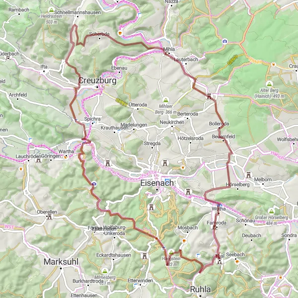 Map miniature of "The Pferdsdorf Loop" cycling inspiration in Thüringen, Germany. Generated by Tarmacs.app cycling route planner