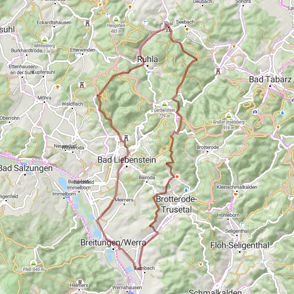 Map miniature of "The Thuringian Gravel Loop" cycling inspiration in Thüringen, Germany. Generated by Tarmacs.app cycling route planner