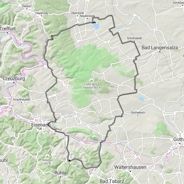 Map miniature of "The Thuringian Road Adventure" cycling inspiration in Thüringen, Germany. Generated by Tarmacs.app cycling route planner